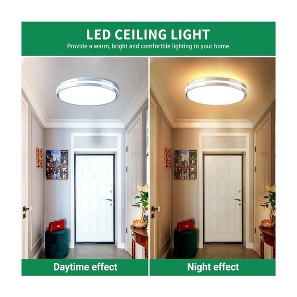 Wattcreek Flush Mount LED Light 14in 5 Adjust Light Color Double Silver Ring Dim - Picture 9 of 10